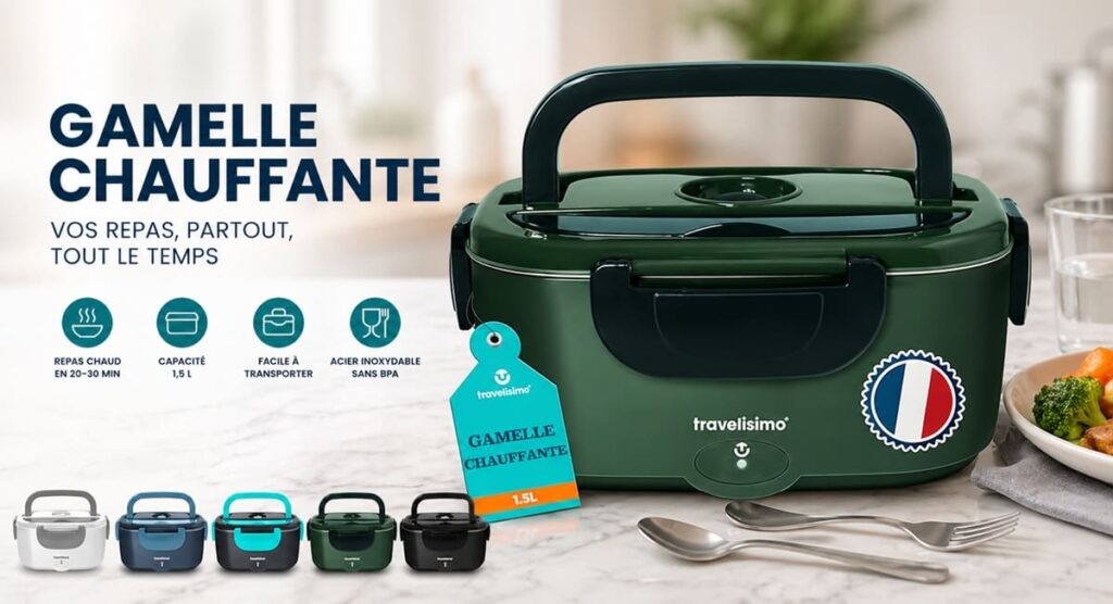 Gamelle chauffante électrique verte 1,5L Travelisimo avec poignée de transport
