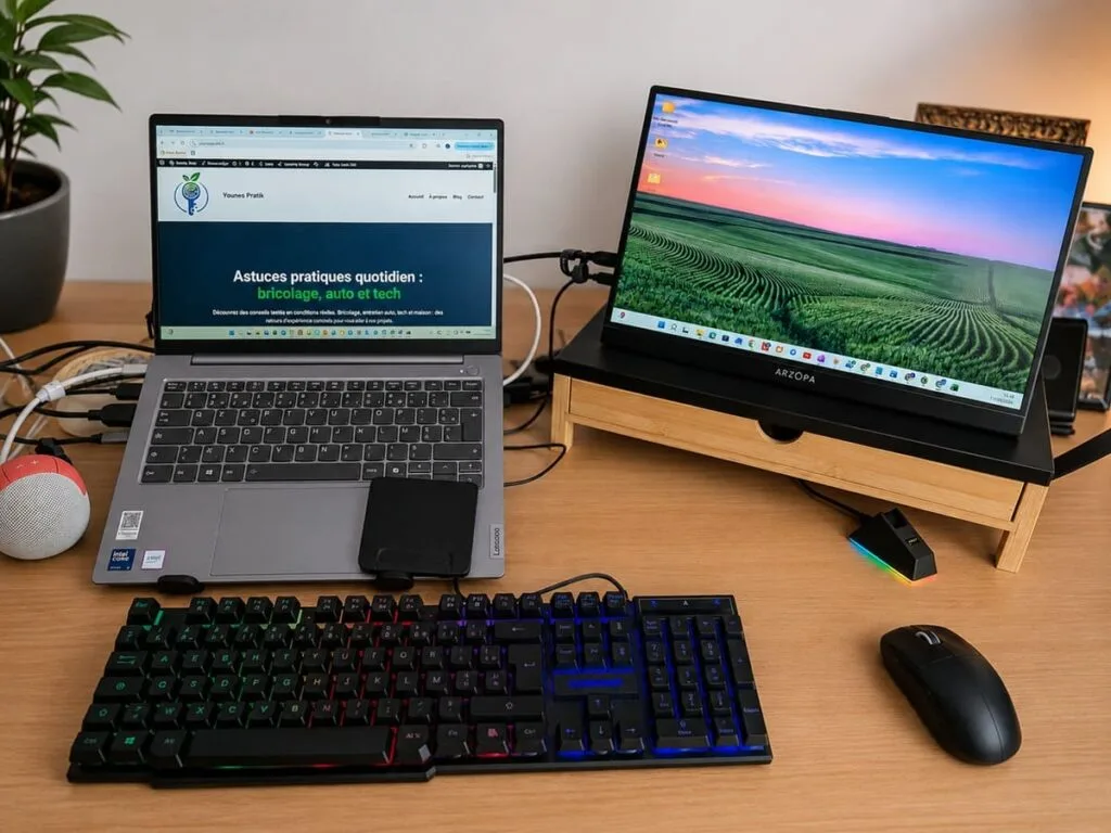 Écran portable Arzopa Z1FC 16 pouces utilisé comme second écran avec un ordinateur portable sur un bureau de travail