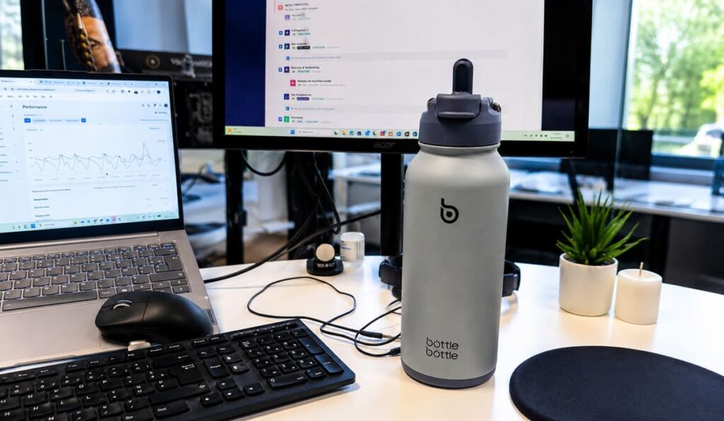 Gourde isotherme avec paille Bottle Bottle 950 ml posée sur un bureau entre ordinateur et clavier
