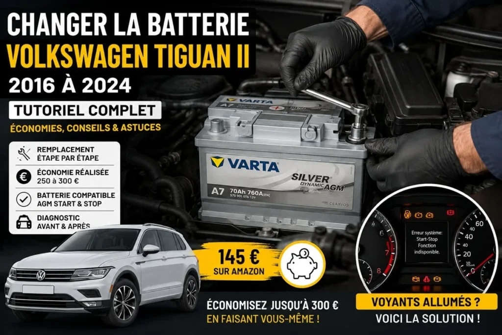 Remplacement d'une batterie VARTA AGM sur un Volkswagen Tiguan II 2.0 TDI 2016 avec tutoriel étape par étape.