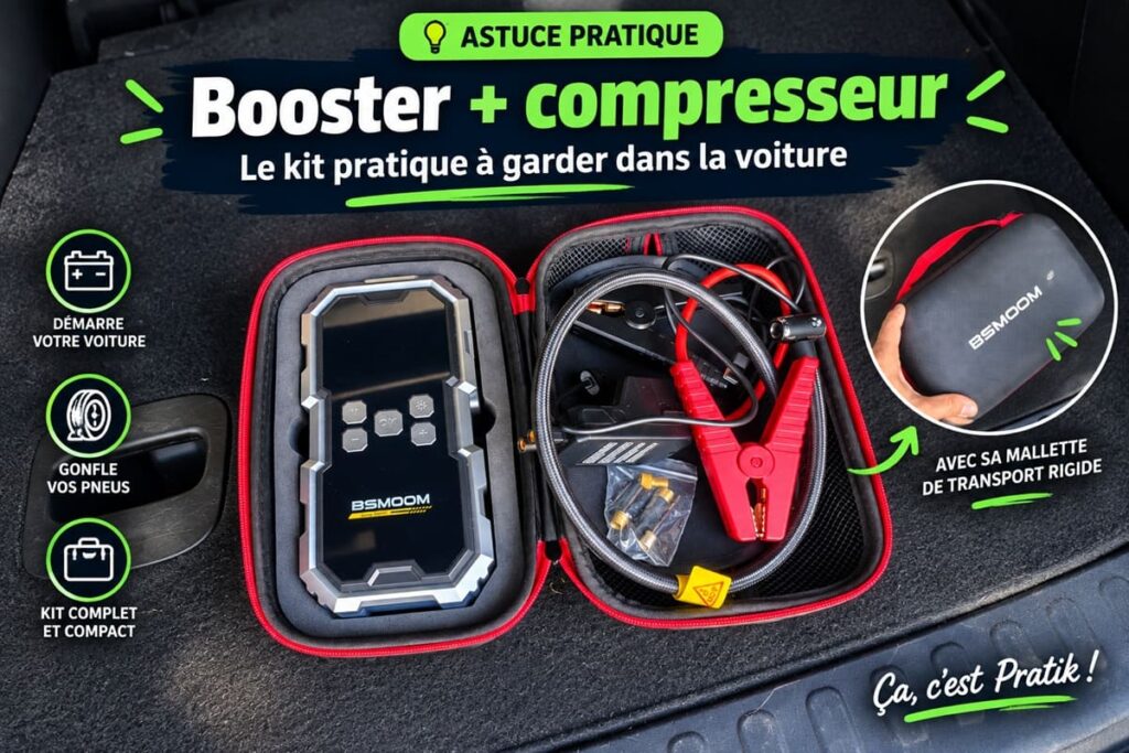 Booster de batterie avec compresseur pour gonfler les pneus