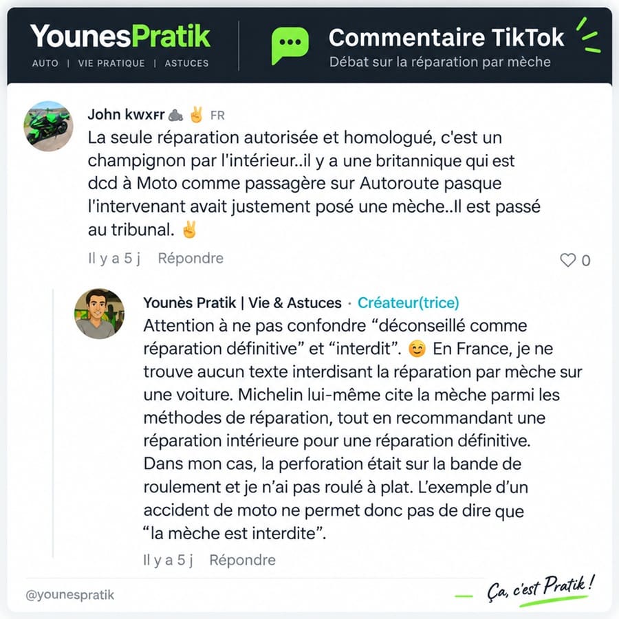 Commentaire TikTok débattant de la réparation d’un pneu crevé avec une mèche